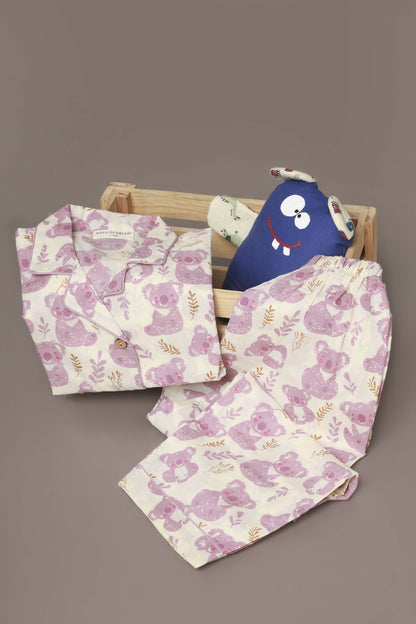 Breathables Kids Cotton Night Suit – White & Pink Teddy Shirt & Pyjama Co-Ord Set For Boys & Girls