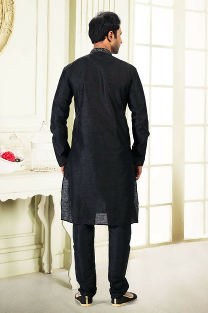 Raivat Ethnic Jacquard Banarasi Silk Thread Work Kurta Pajama In Black Colour