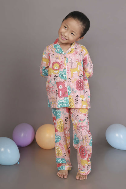 Breathables Kids Cotton Night Suit – Peach Lion & Teddy Shirt & Pyjama Co-Ord Set For Boys & Girls