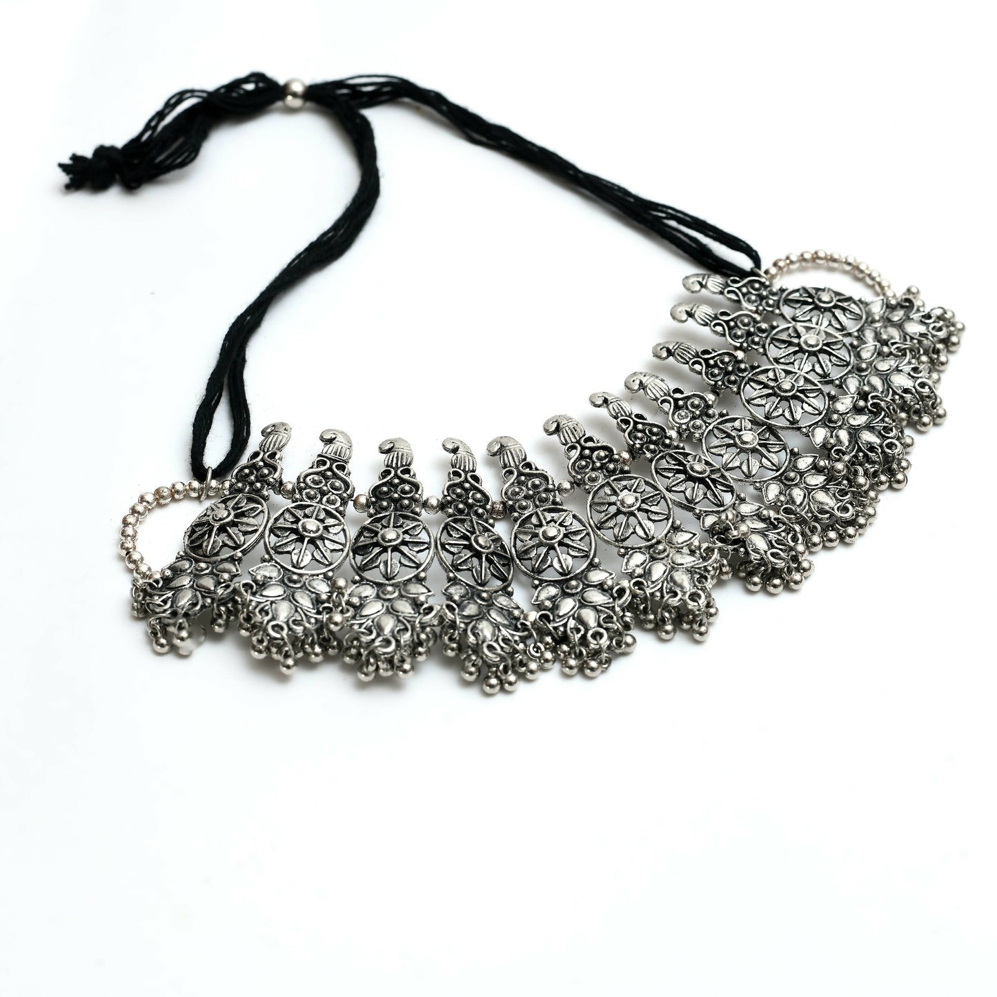 Mominos Fashion Johar Kamal Oxidised Silver-Plated Brass Finish Temple Jewellery with Earrings For Women