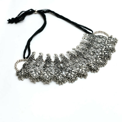 Mominos Fashion Johar Kamal Oxidised Silver-Plated Brass Finish Temple Jewellery with Earrings For Women