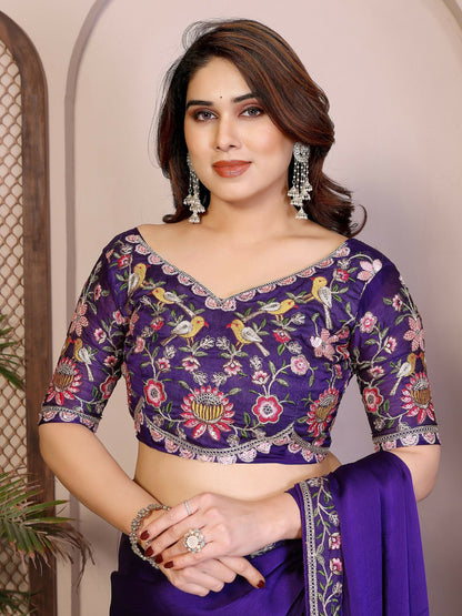 Teeya Creation New Trendy Party Wear Soft Satin Chiffon Saree-Purple