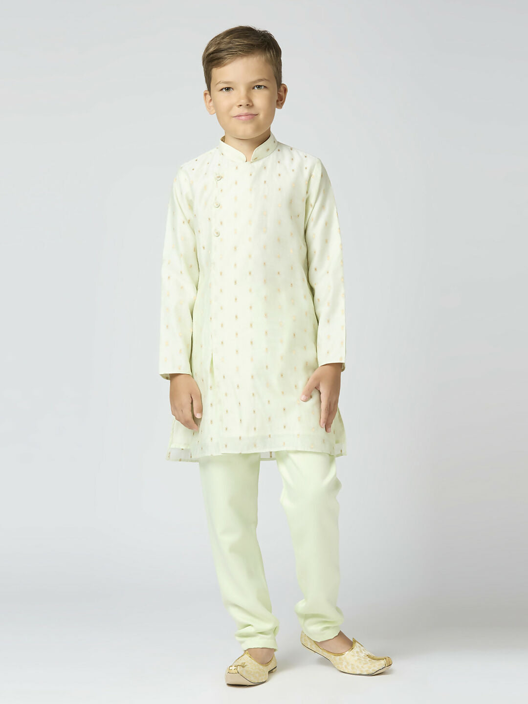 Joban Fashion Kids Island Full Sleeves Chanderi Kurta, Pyjama Set with Traditional Butta Work - Pista
