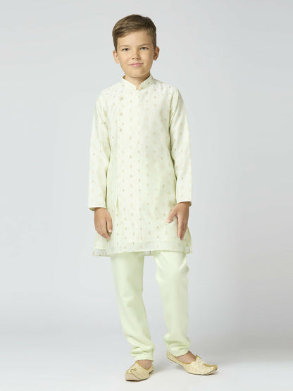 Joban Fashion Kids Island Full Sleeves Chanderi Kurta, Pyjama Set with Traditional Butta Work - Pista