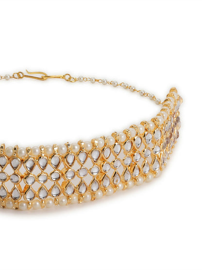 Gold-Polished White Kundan-Studded Pearl Beaded Hair Band - Ruby Raang