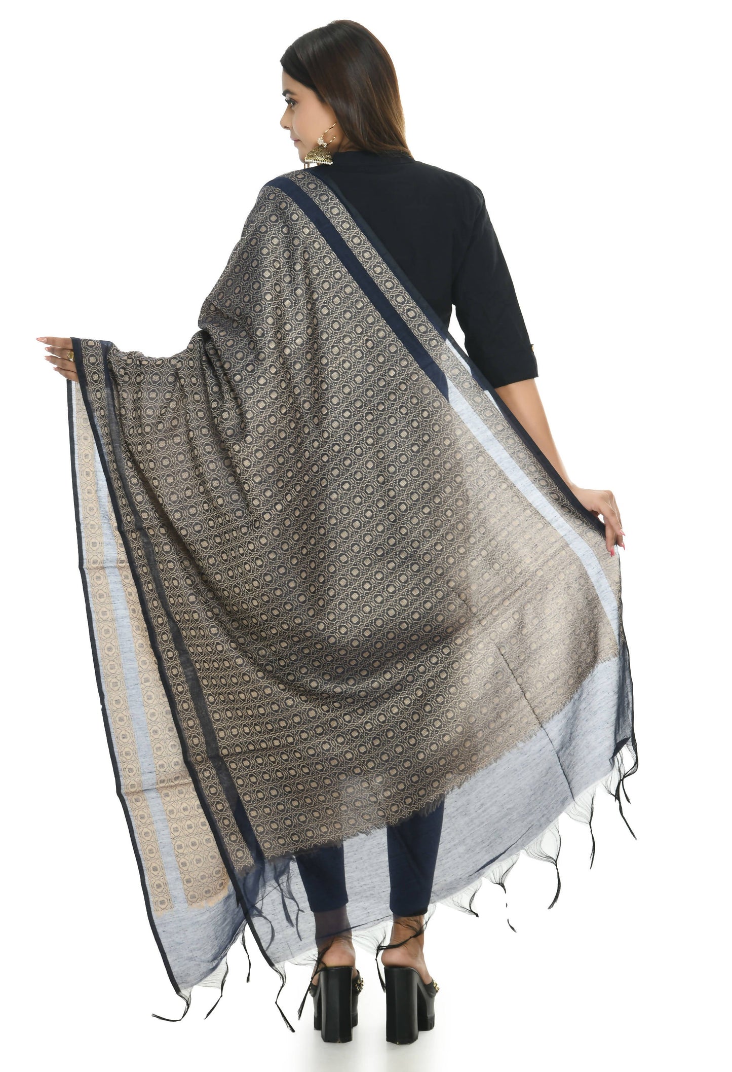 Mominos Fashion Moeza Handloom Cotton Navy Blue Dupatta For Women