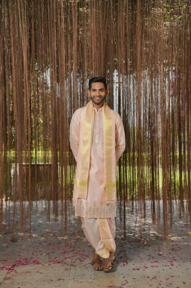 Light Pink Kanjivaram Machine Embroidered Pattu Set by Hilo Design
