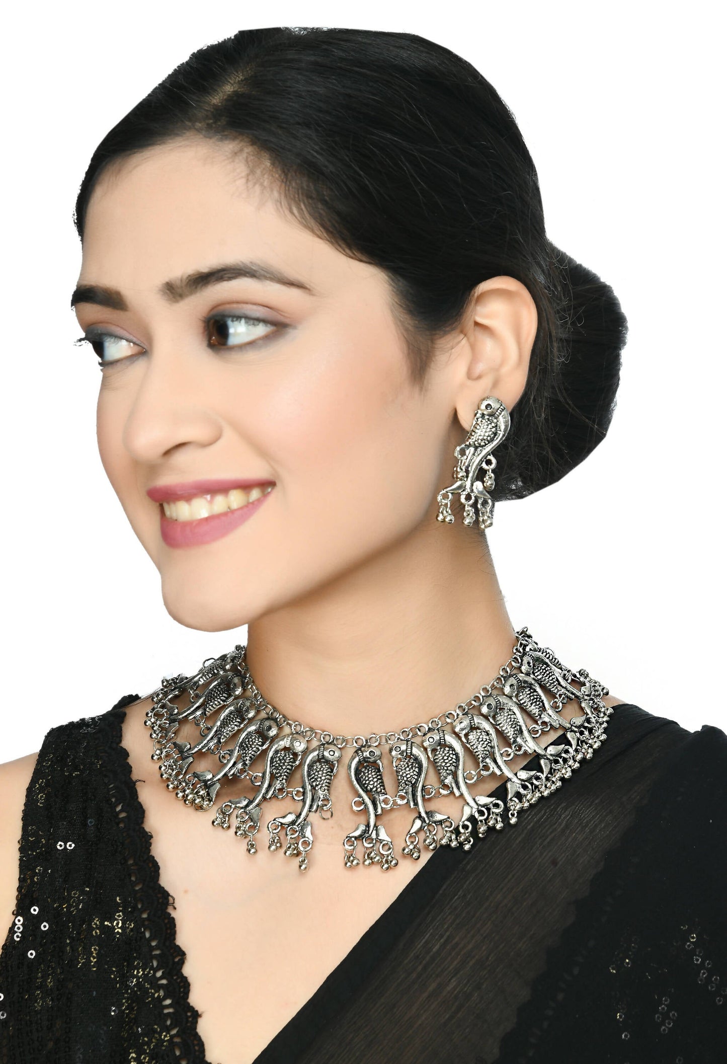 Mominos Fashion Johar Kamal Oxidised Silver-Plated Brass Finish Peacock Choker For Women (Silver)