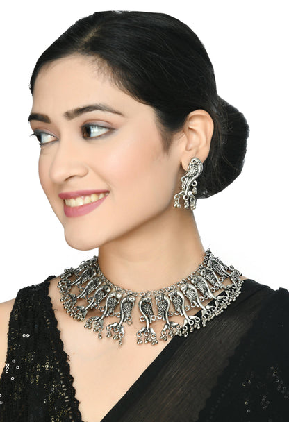 Mominos Fashion Johar Kamal Oxidised Silver-Plated Brass Finish Peacock Choker For Women (Silver)