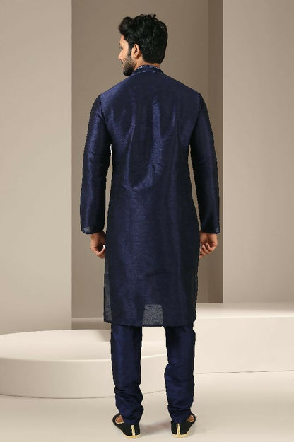 Raivat Ethnic Banarasi Art Silk Mirror Work Kurta Pajama In Navy Blue Colour