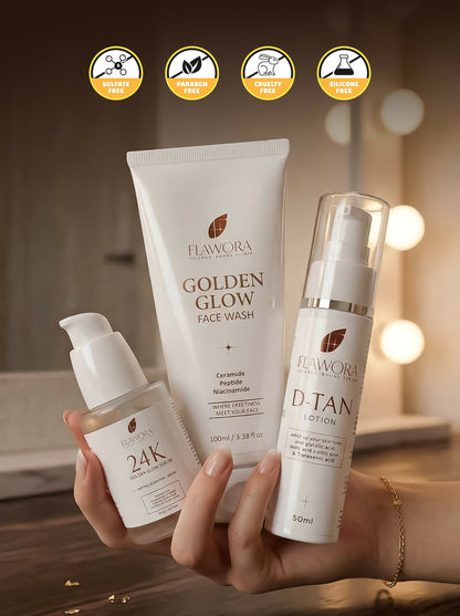 Flawora Set of Golden Glow Face Wash, D-Tan Lotion and 24k Golden Glow Face Serum