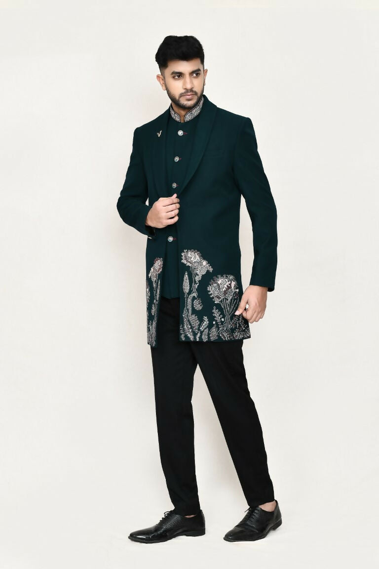 Joban Fashion Green Colored Imported Polyester Fabric Open Prince Coat, Jacket With Pant