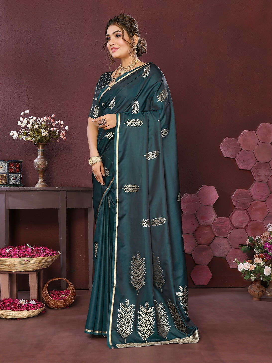 Joban Fashion Teal Floral Motifs Banarasi Silk Sarees
