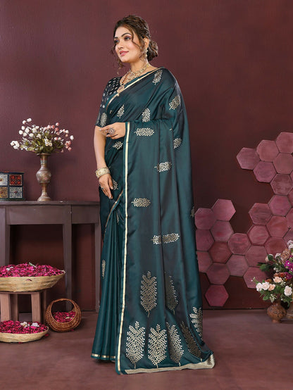 Joban Fashion Teal Floral Motifs Banarasi Silk Sarees