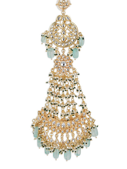 Gold-Polished White Blue Kundan-Studded Pearl Beaded Matha Patti - Ruby Raang