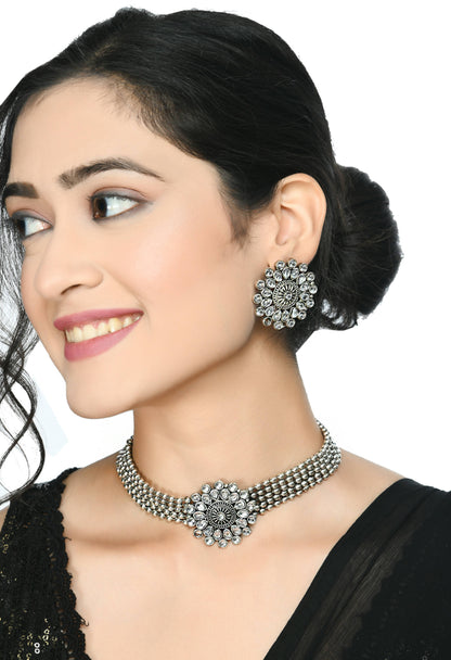 Mominos Fashion Johar Kamal Oxidised Silver-Plated Brass Finish Kundan Choker For Women (Silver)