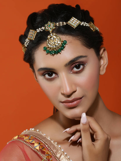 Gold-Polished White Green Kundan-Studded Pearl Beaded Matha Patti - Ruby Raang