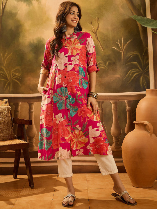 Sangria Floral Printed Mandarin Collar A-line Kurta