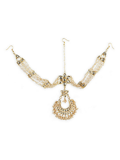 Gold-Polished White Kundan-Studded Pearl Beaded Matha Patti - Ruby Raang