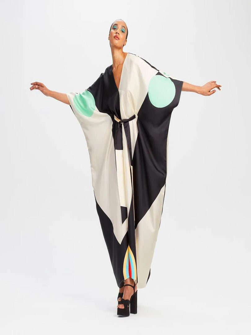 V-Neck Belt Style Women Soft Satin Silk Printed Kaftan J5631