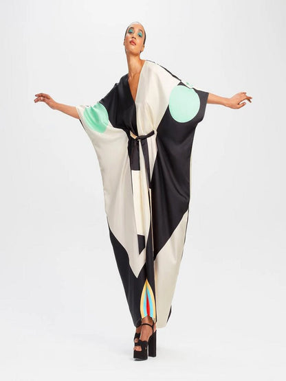 V-Neck Belt Style Women Soft Satin Silk Printed Kaftan J5631