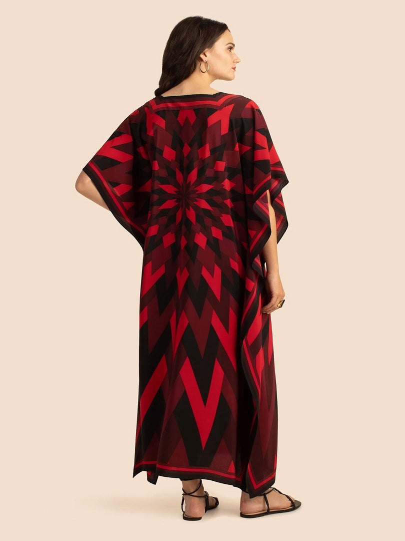 V Neck Printed Lounge Wear Soft Silk Crepe Kaftan J5765