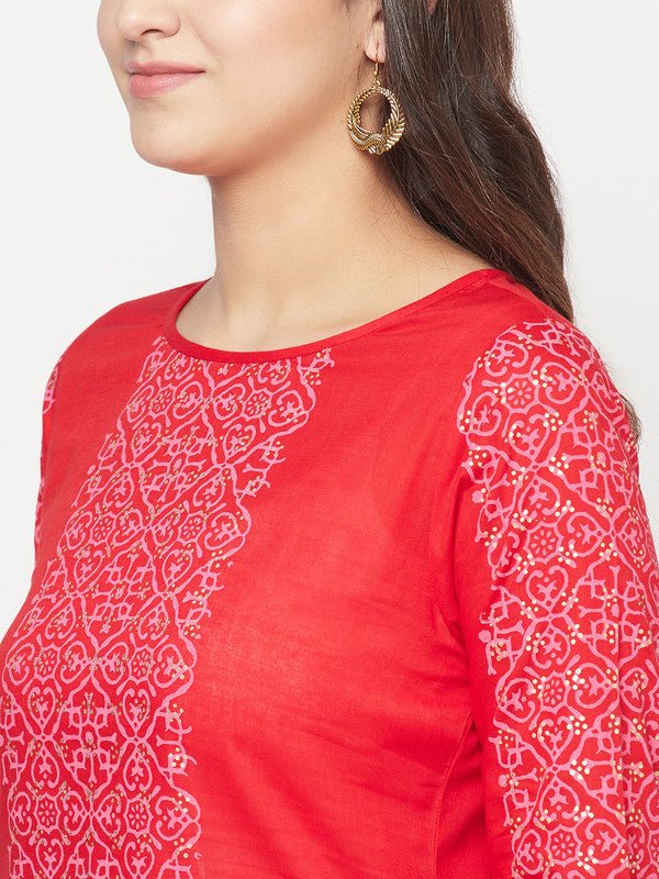 Aniyah Cotton Block Print Red Straight Kurta