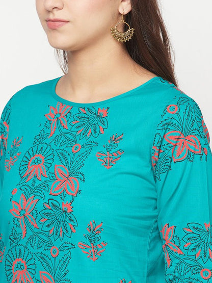 Aniyah Turquoise Cotton Block Print Straight Kurta