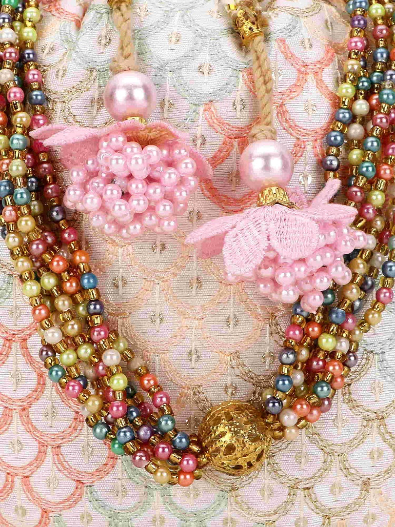 Off White and Pastel Multi Sequin Embroidered Faux Silk Potli Bag