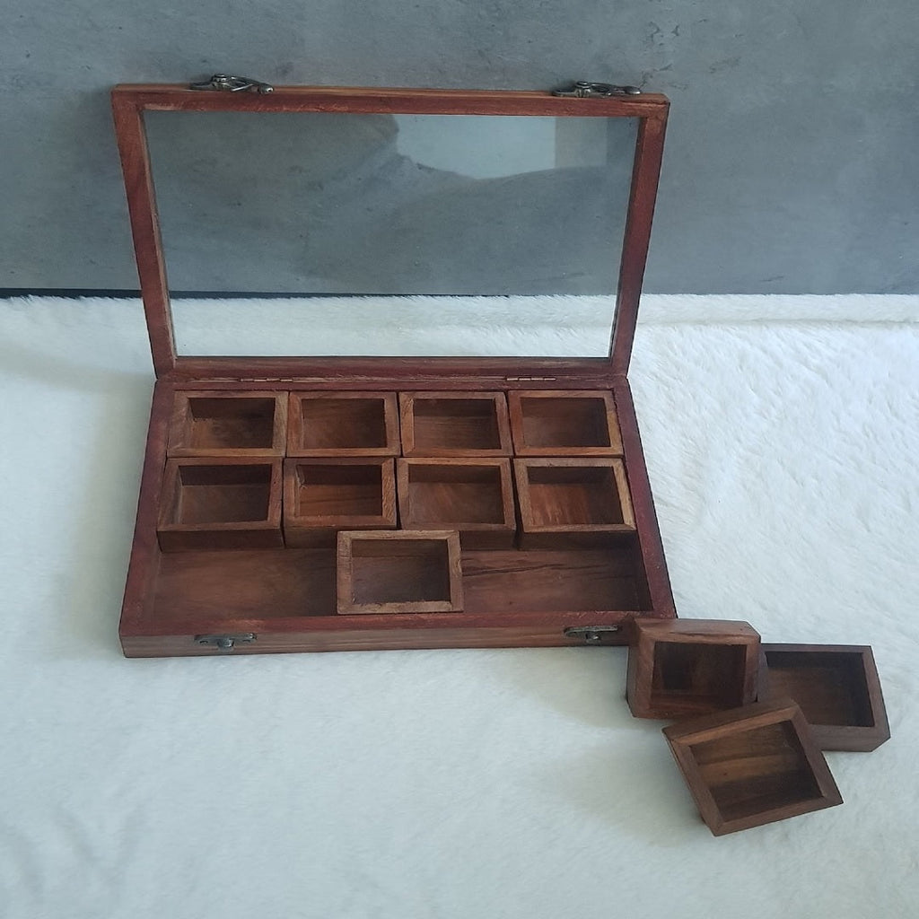 Wooden Multi-Compartment Storage Box Multipurpose Table Top Glass Lid on Top Box Spice box Dry Fruit Box