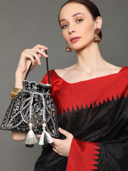 Masq Black & Silver-Toned Embellished Potli Clutch