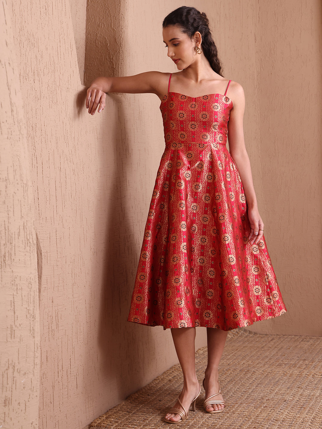 Monjolika Fashion Women's Red Banarasi Brocade Festive Fit & Flare Midi Dress with Zari Weaving Work