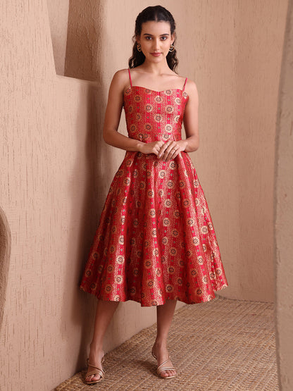 Monjolika Fashion Women's Red Banarasi Brocade Festive Fit & Flare Midi Dress with Zari Weaving Work
