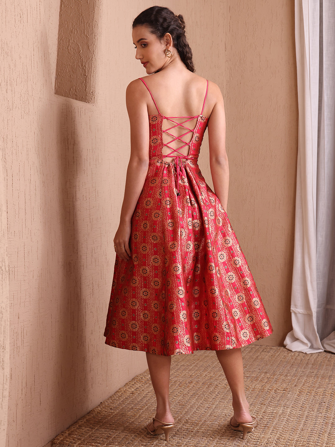 Monjolika Fashion Women's Red Banarasi Brocade Festive Fit & Flare Midi Dress with Zari Weaving Work