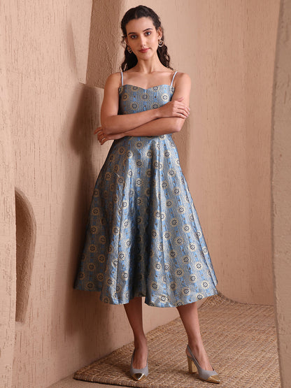 Monjolika Fashion Women's Sky Blue Banarasi Brocade Festive Fit & Flare Midi Dress with Zari Weaving Work