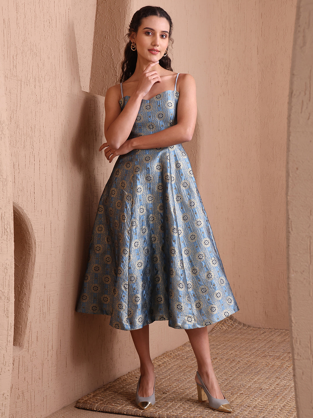 Monjolika Fashion Women's Sky Blue Banarasi Brocade Festive Fit & Flare Midi Dress with Zari Weaving Work