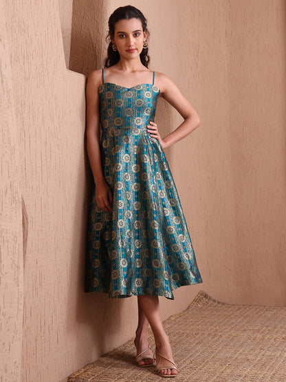 Monjolika Fashion Women's Rama Green Banarasi Brocade Festive Fit & Flare Midi Dress with Zari Weaving Work