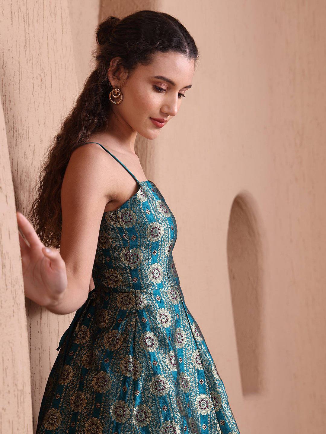 Monjolika Fashion Women's Rama Green Banarasi Brocade Festive Fit & Flare Midi Dress with Zari Weaving Work