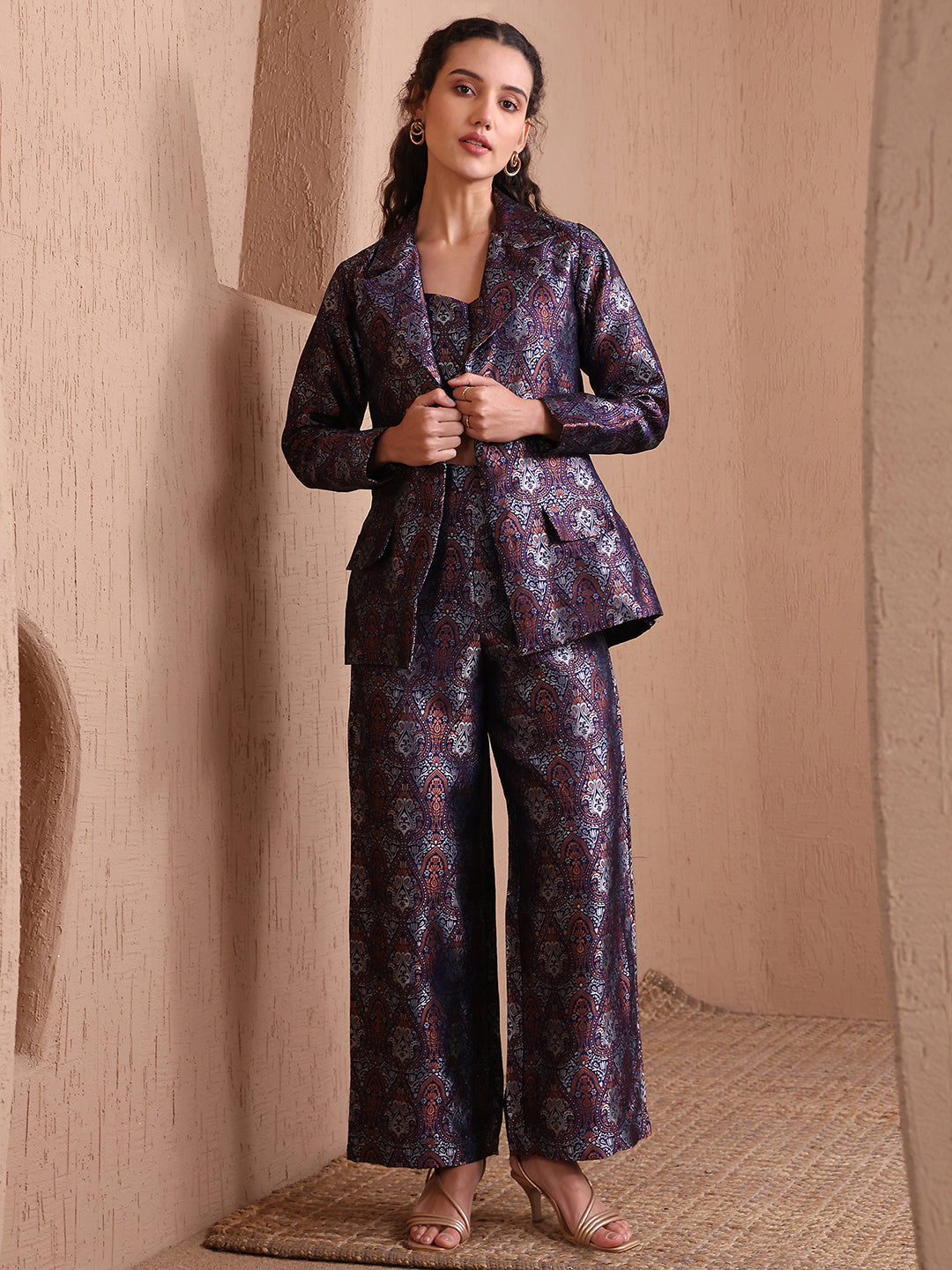Monjolika Fashion Women's Navy Blue Banarasi Brocade Co-ord Set With Designer Blazer & Wide-Leg Pants