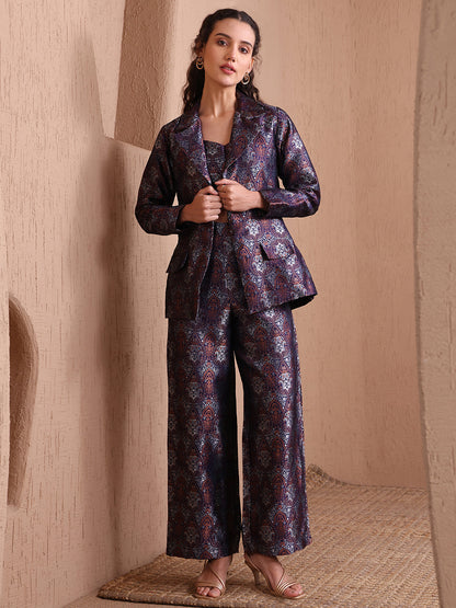 Monjolika Fashion Women's Navy Blue Banarasi Brocade Co-ord Set With Designer Blazer & Wide-Leg Pants