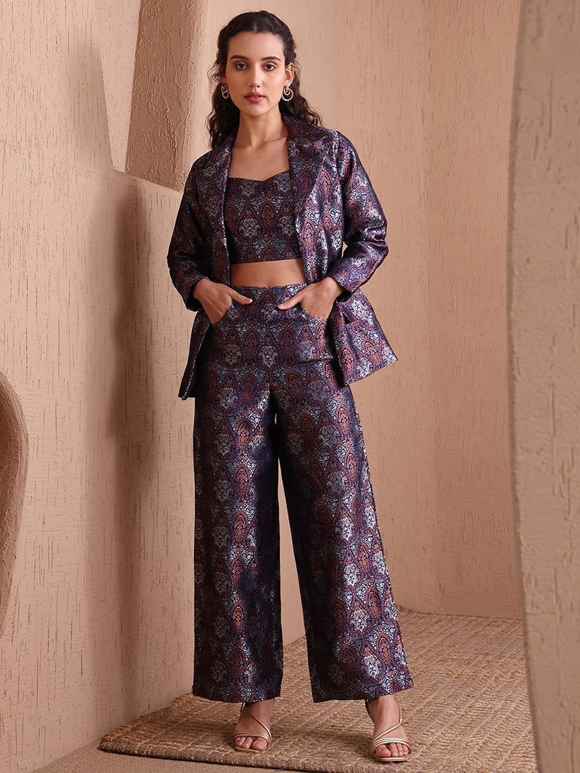 Monjolika Fashion Women's Navy Blue Banarasi Brocade Co-ord Set With Designer Blazer & Wide-Leg Pants