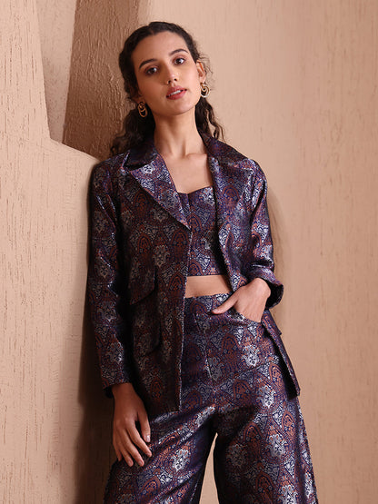Monjolika Fashion Women's Navy Blue Banarasi Brocade Co-ord Set With Designer Blazer & Wide-Leg Pants