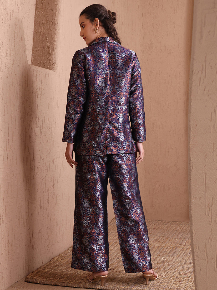Monjolika Fashion Women's Navy Blue Banarasi Brocade Co-ord Set With Designer Blazer & Wide-Leg Pants