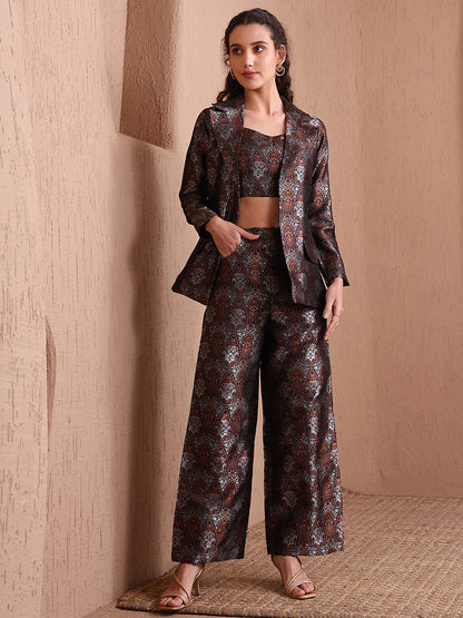 Monjolika Fashion Women's Black Banarasi Brocade Co-ord Set With Designer Blazer & Wide-Leg Pants