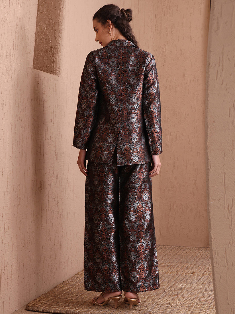 Monjolika Fashion Women's Black Banarasi Brocade Co-ord Set With Designer Blazer & Wide-Leg Pants