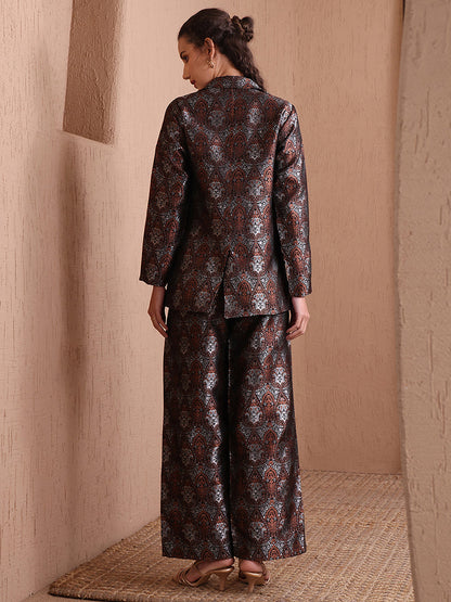 Monjolika Fashion Women's Black Banarasi Brocade Co-ord Set With Designer Blazer & Wide-Leg Pants