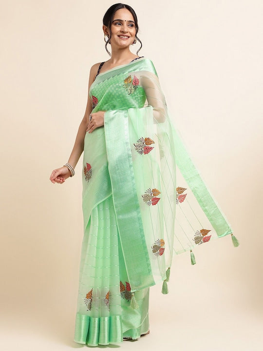 Fabmora Satin Floral Embellished Embroidered Organza Designer Saree