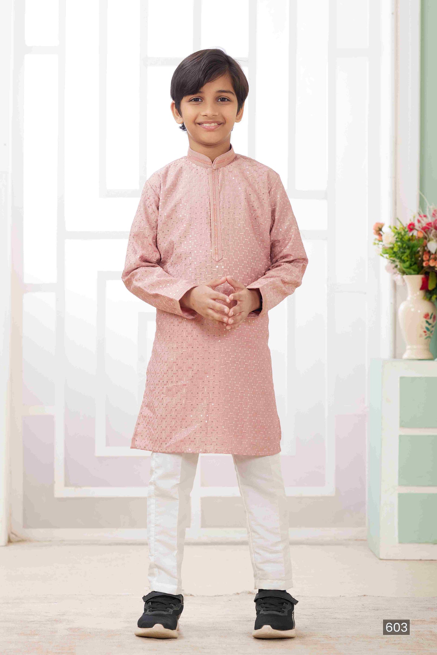 Raivat Ethnic Art Silk Embroidery Work Kids Kurta Pajama In Peach Colour