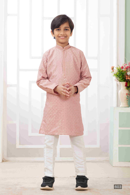 Raivat Ethnic Art Silk Embroidery Work Kids Kurta Pajama In Peach Colour