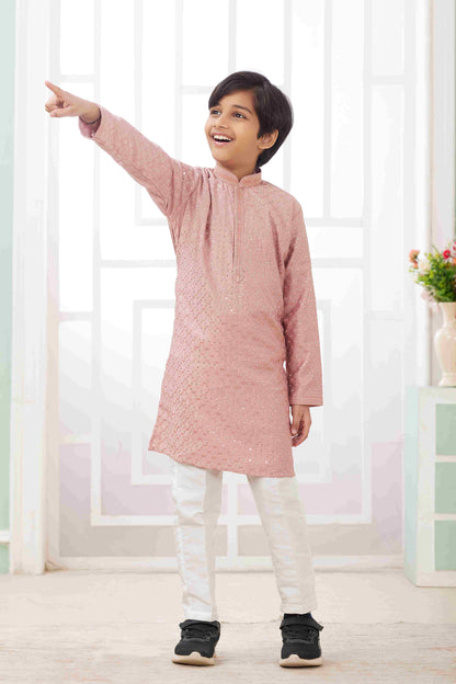 Raivat Ethnic Art Silk Embroidery Work Kids Kurta Pajama In Peach Colour
